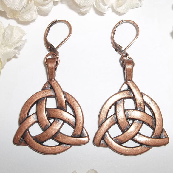 Copper Triquetra Celtic Knot Earrings Dangle Drop Fashion Jewelry Set Pair C781 - Picture 1 of 7